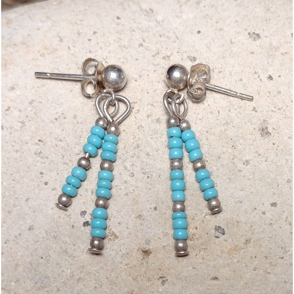 Vintage Sterling and Turquoise Blue Glass Seed Bead Dangle Earrings